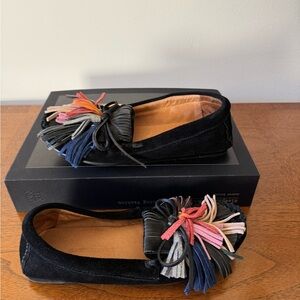 Isabel Marant Etoile Black Suede Moccasins with Multicolor Fringe